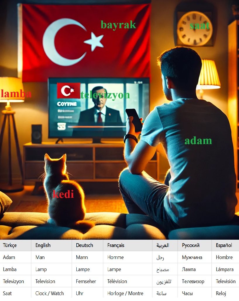 Adam: English - Man, Deutsch - Mann, Français - Homme, العربية - رجل, Русский - Мужчина, Español - Hombre.Lamba: English - Lamp, Deutsch - Lampe, Français - Lampe, العربية - مصباح, Русский - Лампа, Español - Lámpara. Televizyon: English - Television, Deutsch - Fernseher, Français - Télévision, العربية - تلفزيون, Русский - Телевизор, Español - Televisión. Saat: English - Clock / Watch, Deutsch - Uhr, Français - Horloge / Montre, العربية - ساعة, Русский - Часы, Español - Reloj.