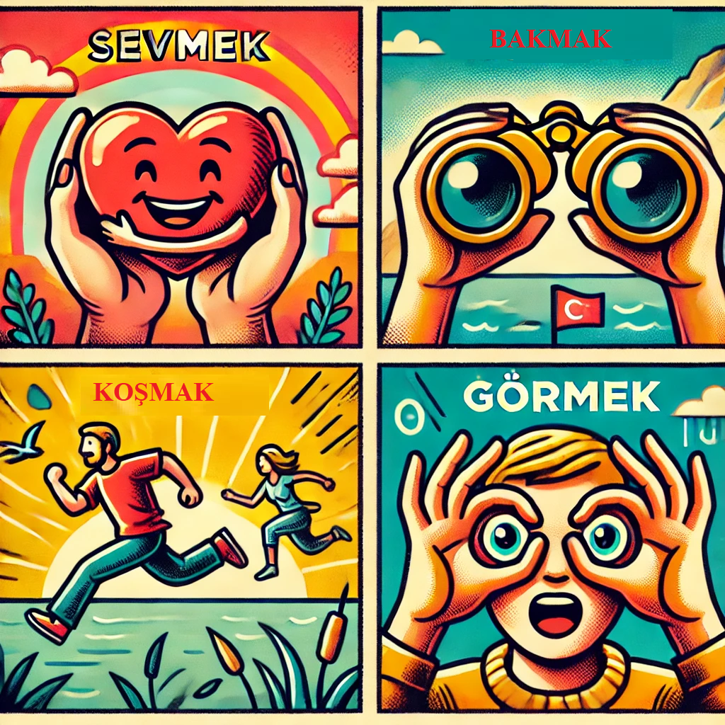 This image is used to explain the verbs (to love-to see-to look-to run) in Turkish.