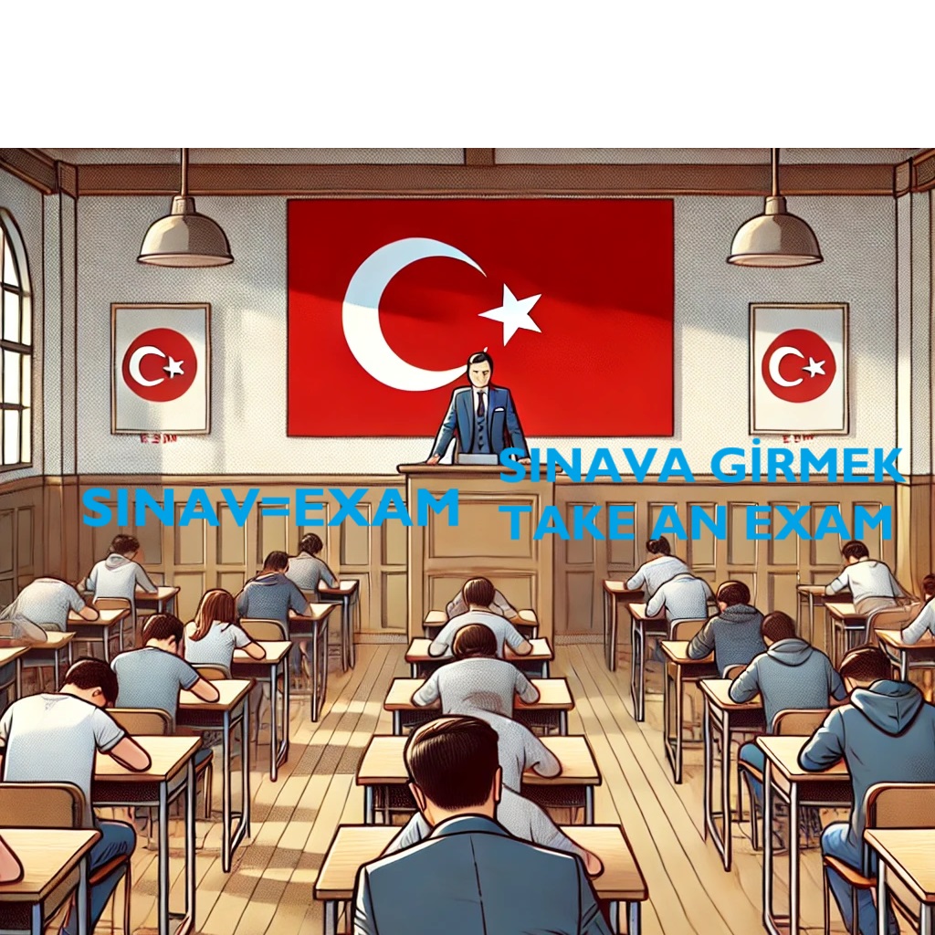 In this illustration, the words 'sınav' (exam) and 'sınava girmek' (taking an exam) are aimed to be taught to foreign students.