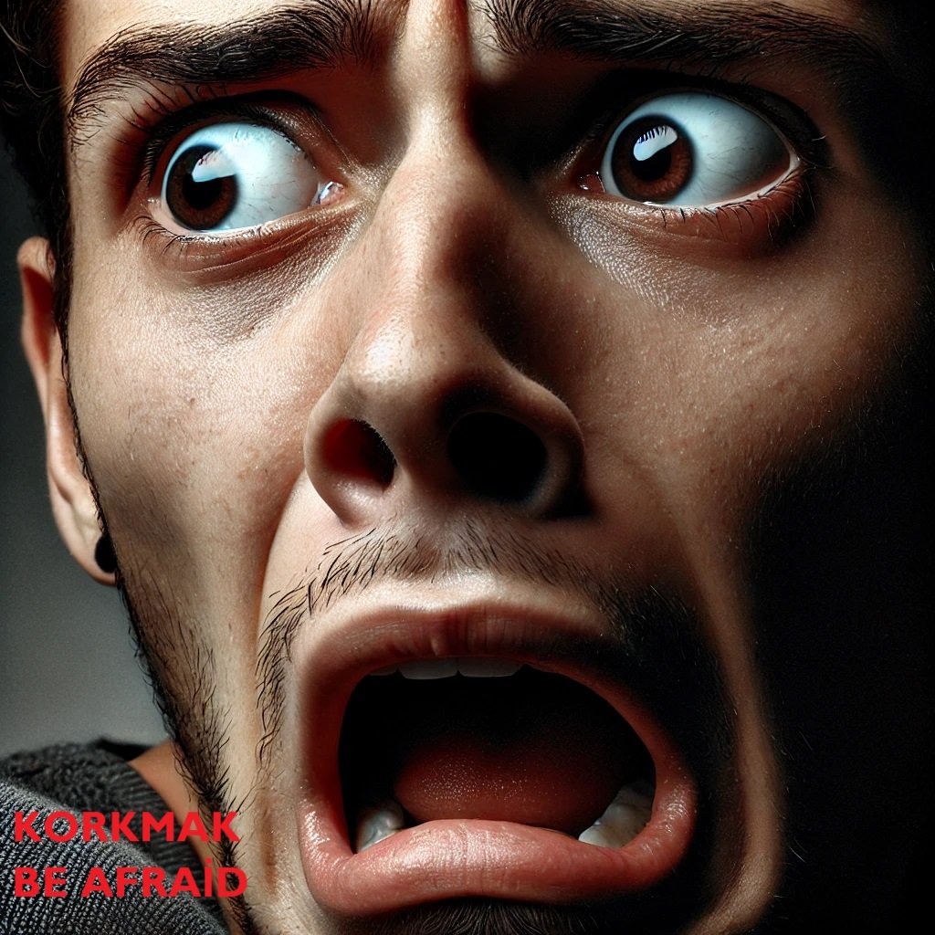 "An expressive face showing the emotion of fear, used to teach the Turkish verb 'korkmak' to English-speaking learners. This verb means 'to fear' or 'to be afraid of' and is essential for expressing emotions in Turkish."