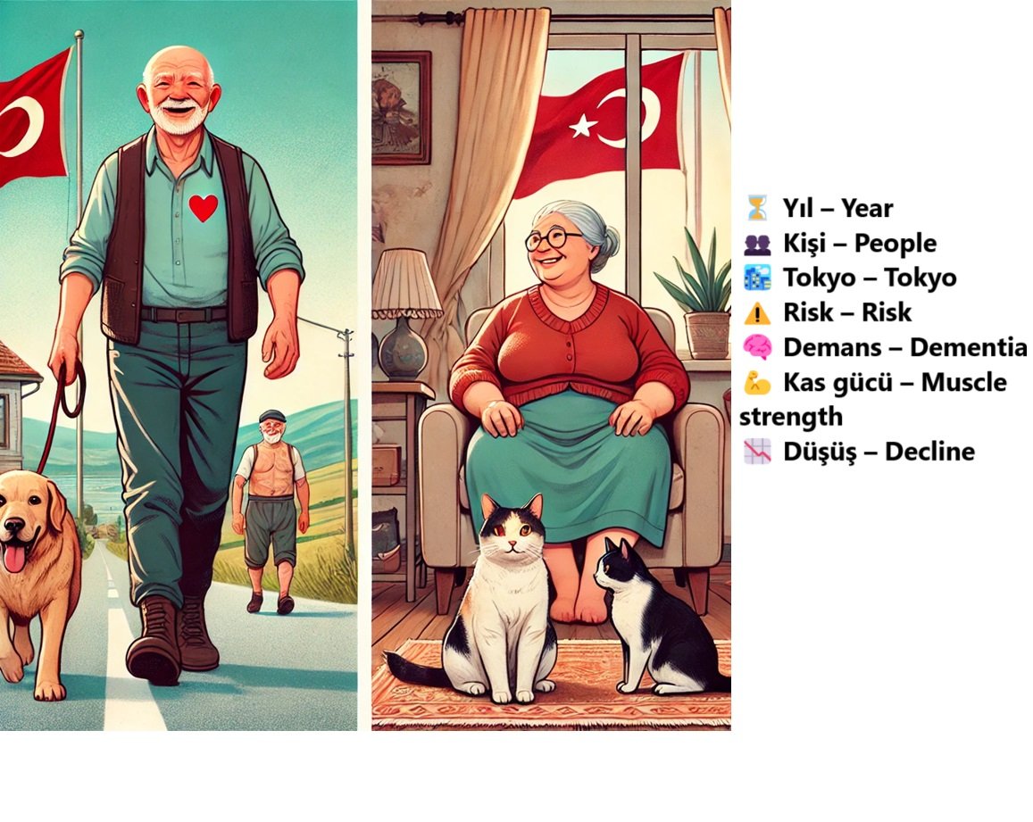 ⏳ Yıl – Year 👥 Kişi – People 🏙 Tokyo – Tokyo ⚠ Risk – Risk 🧠 Demans – Dementia 💪 Kas gücü – Muscle strength 📉 Düşüş – Decline